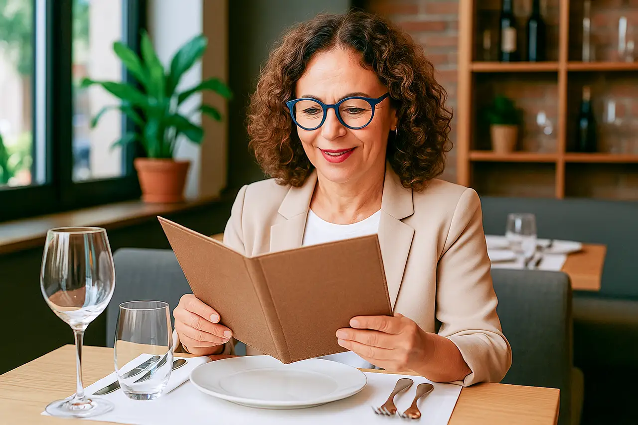 Frau mit Brille liest entspannt eine Speisekarte in einem Restaurant