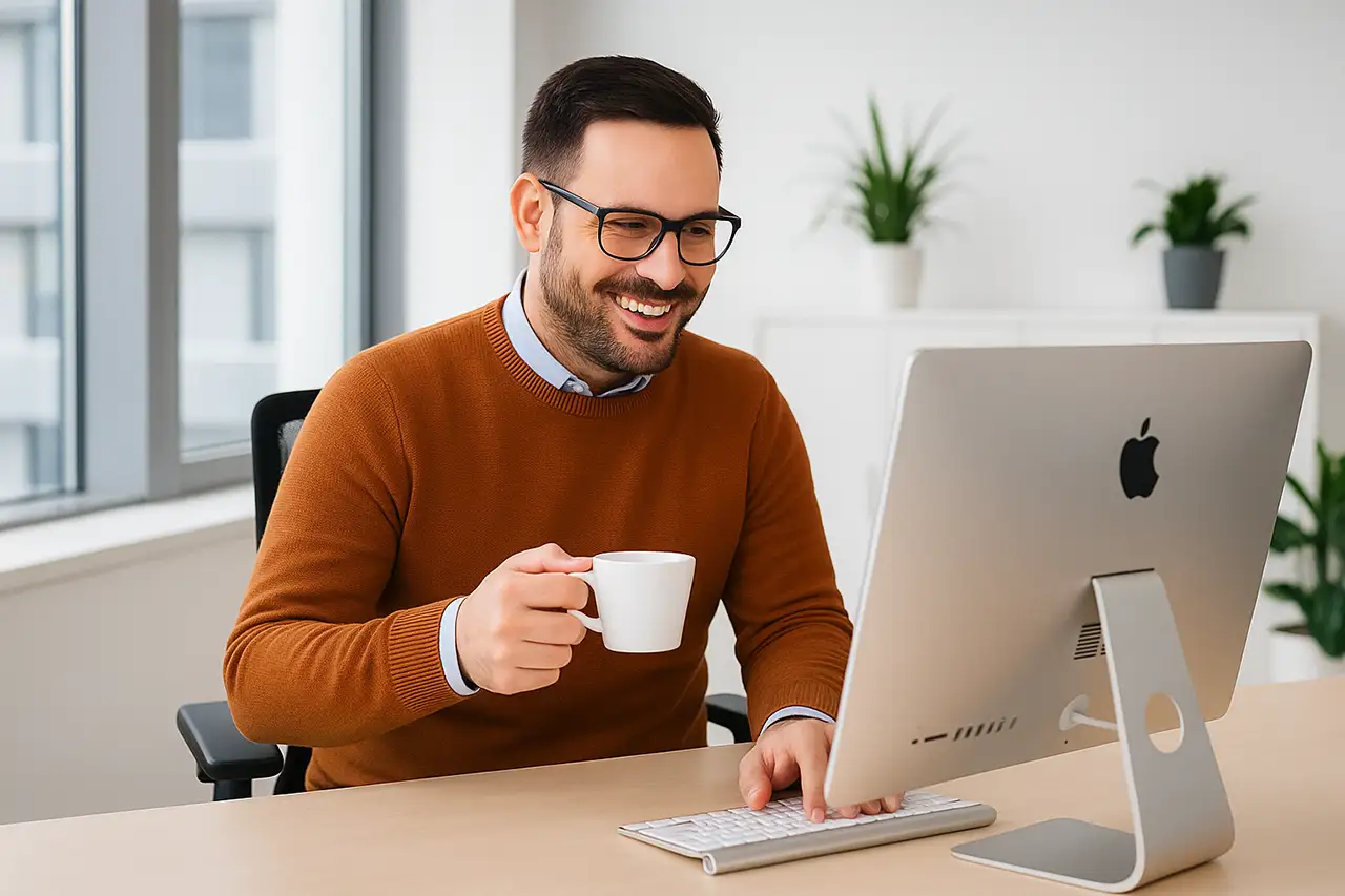 Mann mit Brille arbeitet lächelnd am Computer und hält eine Kaffeetasse in der Hand