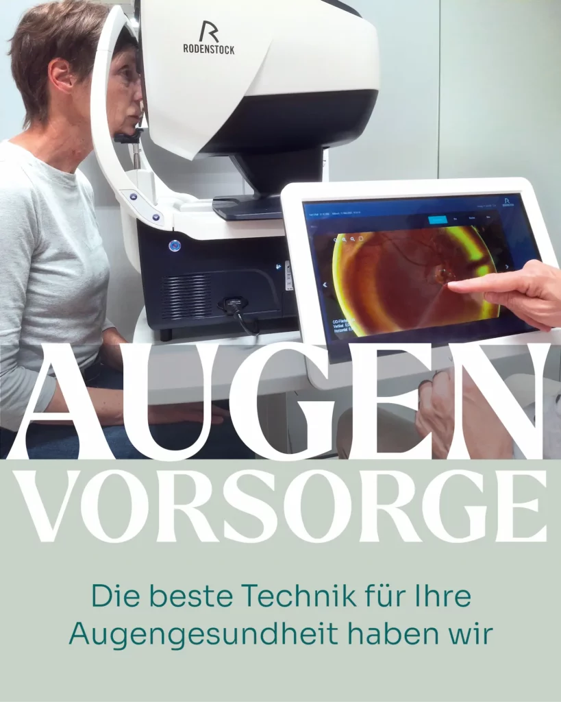 Frau mittleren Alters sitzt an einem Augenmessgerät von Rodenstock